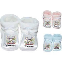 chaussons-bébé-personnalisé-blanc-bleu-ou-rose-koala-arbre-prénom