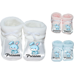 chaussons-bébé-personnalisé-blanc-bleu-ou-rose-lapin-bleue-prénom