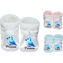 chaussons-bébé-personnalisé-blanc-bleu-ou-rose-perroquet-bleu-prénom
