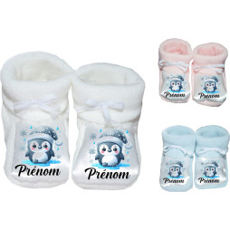 chaussons-bébé-personnalisé-blanc-bleu-ou-rose-pingouin-prénom