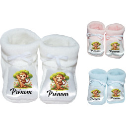 chaussons-bébé-personnalisé-blanc-bleu-ou-rose-singe-arbre-prénom