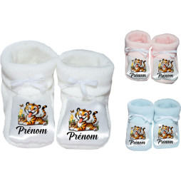 chaussons-bébé-personnalisé-blanc-bleu-ou-rose-tigre-drole-prénom