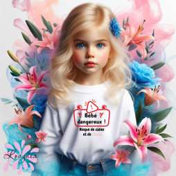 Tee shirt fille personnalisé bébé dangereux risque de câlins